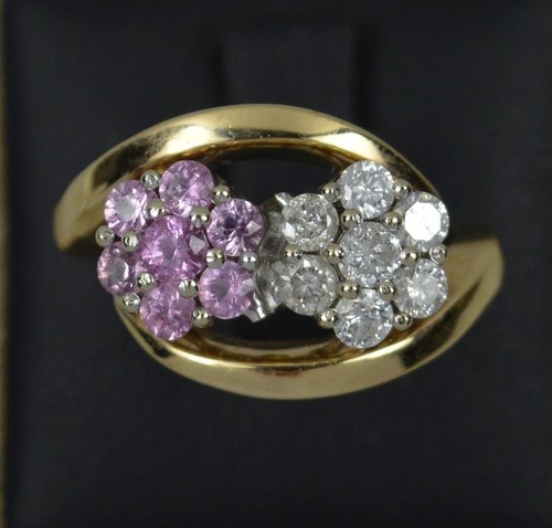 Hochwertiger 18 Karat Gold Diamant und rosa Saphir Double Daisy Cluster Ring