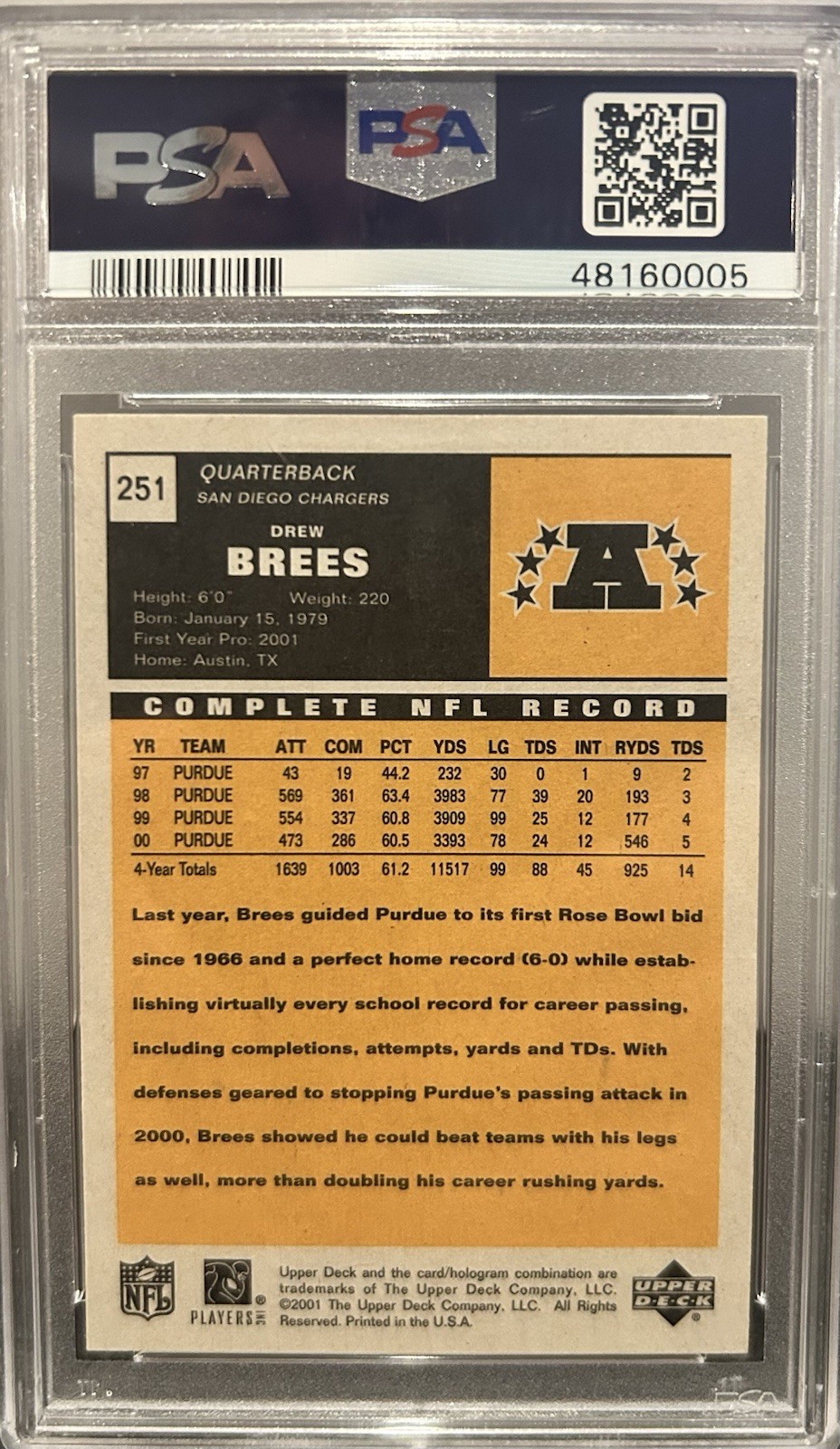 2001 UD Vintage Drew Brees #251 RC PSA 10 view 2