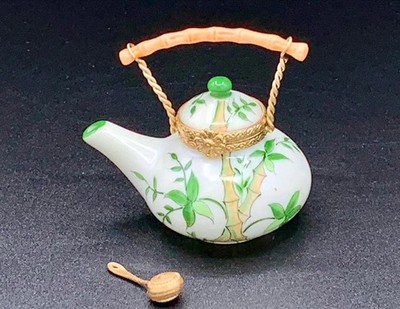 Limoges France Peint Main Tea Kettle Trinket Box   Bamboo Garden