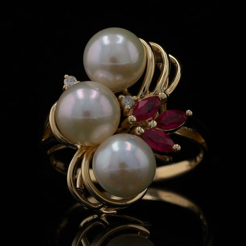 Yellow Gold Cultured Pearl Ruby Diamond Cluster Cocktail Ring - 14k .41ctw - Image 2 of 4