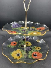 Vintage 2-Tier Glass Floral Tid Bit Tray Serving Dish w/Gold Edging England