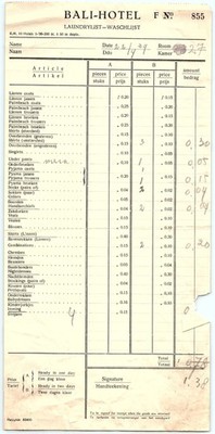 Vintage Bali Hotel Laundry List, dated 1929