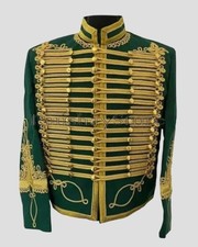 Men’s Green Wool Hussar Marching Band Napoleonic Military Golden Braided Jacket