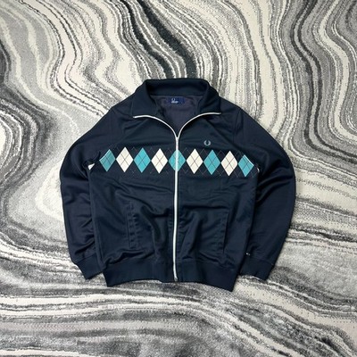 Vintage Fred Perry Full Zip Sz L Navy Argyle Funnel Neck Tracksuit Track Jacket