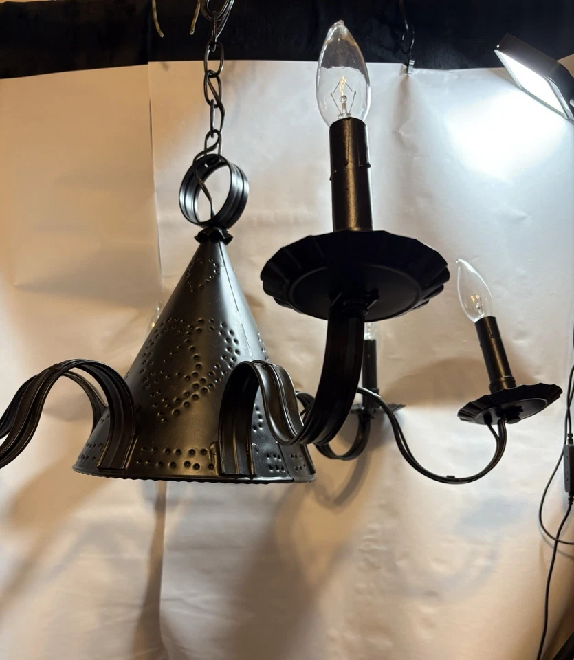 Chandelier Vintage Punched Tin Witch Hat 6 Arm Light Fixture With Bulbs 26" Diam - Image 2 of 4