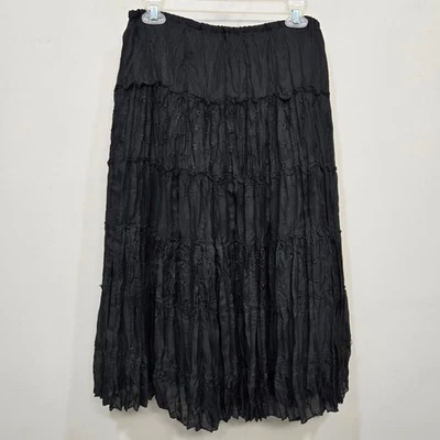 Vintage Y2K Tiered Broomstick Midi Skirt Small Black Prairie Eyelet Whimsigoth - Image 1 of 4