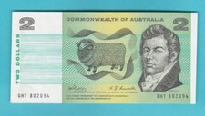 #T48. UNC. 1968 AUSTRALIAN  PHILLIPS/RANDALL  PAPER $2 BANKNOTE  #GHT 802094