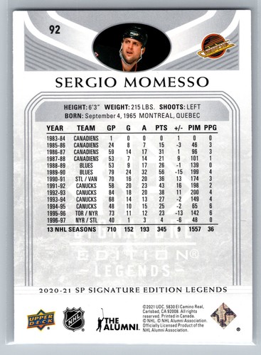2020-21 SP Signature Edition Legends #92 Sergio Momesso Vancouver Canucks - Picture 2 of 2