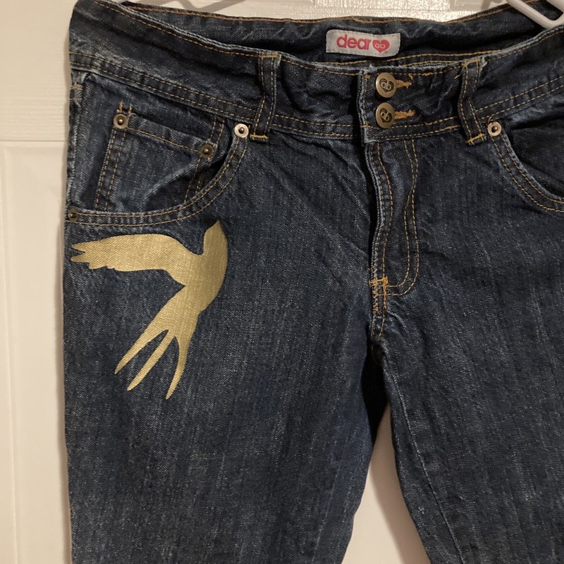 Dear AB Jeans Love Dove Bird Womens Size 8 Denim Blue Bootcut Low Rise Metallic