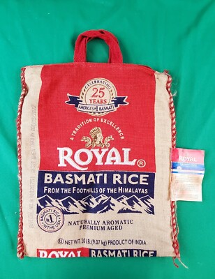 Royal Basmati Rice 20lb Burlap Bag Purse Zipper top Tote Boho Recycle/Reuse