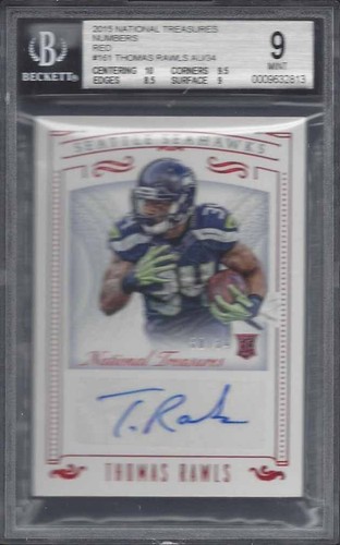 THOMAS RAWLS 2015 NATIONAL TREASURES JERSEY NUMBER RED AUTO RC /34 BGS 9 w 10 AU