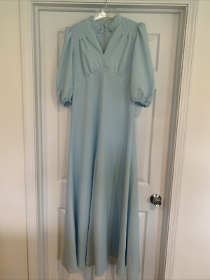 Vtg 60s 70s Robin Egg Blue Polyester Empire Maxi Dress Formal Prom