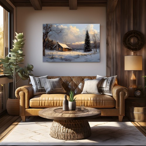 Snowy Log Cabin in Winter Landscape Painting Print Framed Canvas Rustic ...