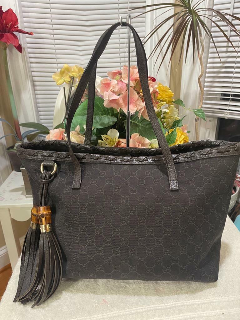 nerveus worden Duizeligheid Beoefend Gucci 354665 GG Canvas and Brown Leather Bamboo Tassel Tote bag (pu220 |  eBay