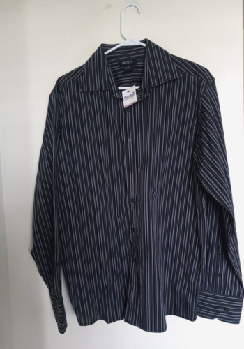Bruno Mens Shirt Size L Black Striped Linen Blend Short Sleeve NEW