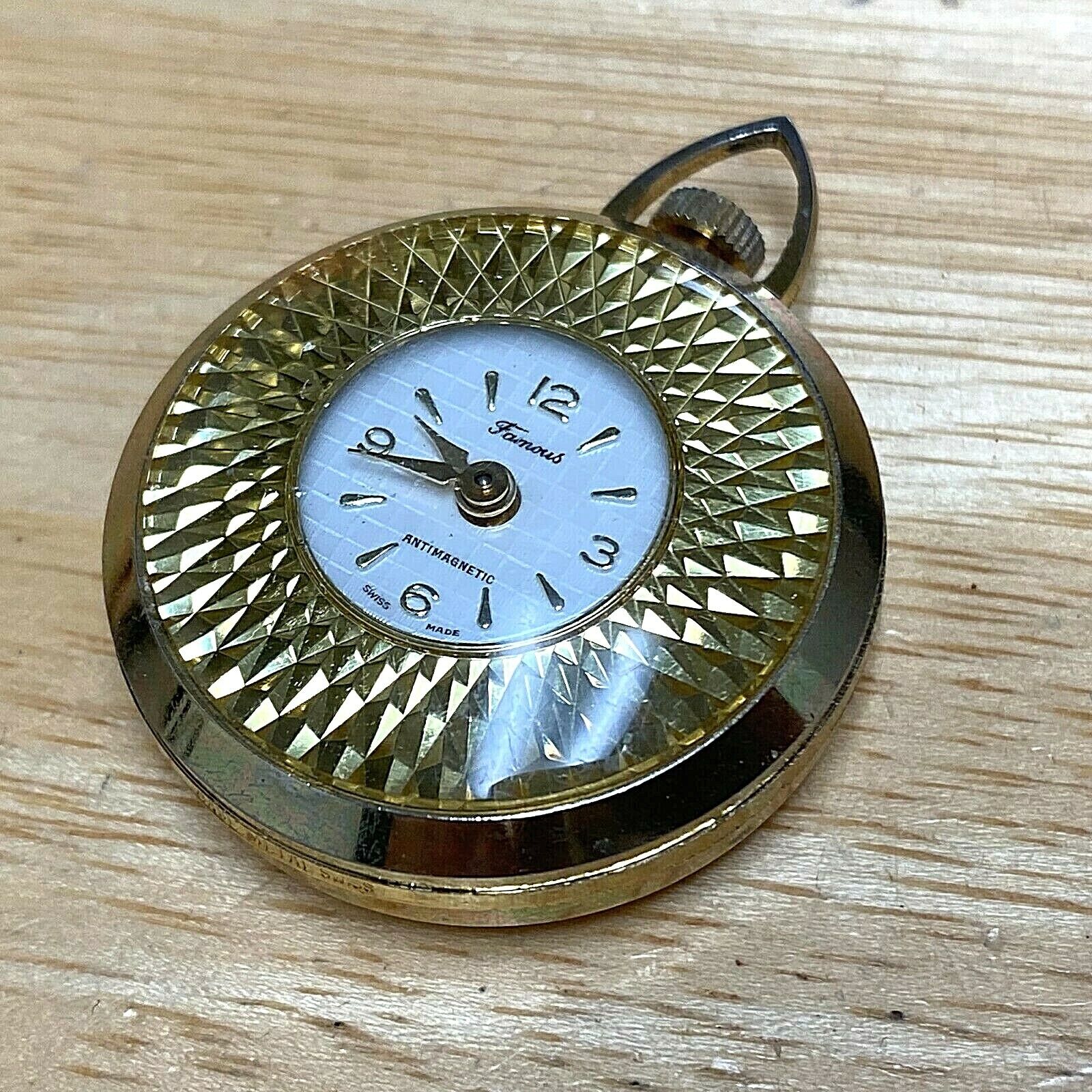 Vintage Famous Lady Gold Tone White Swiss Made Hand-Wind Necklace Pendant Watch