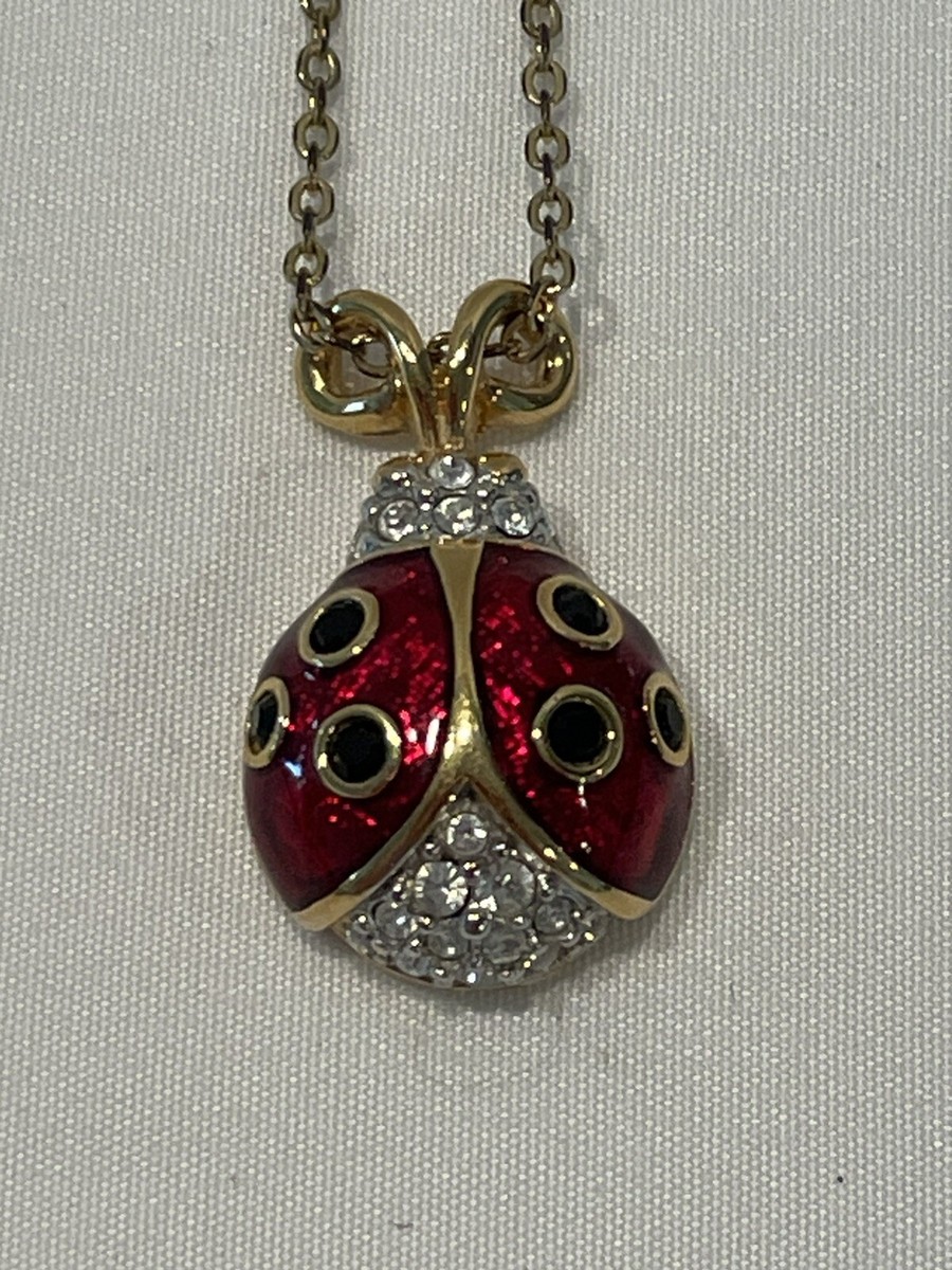 Swarovski Platinum Rhodium Gold Ladybug Necklace Shiny Sparkle Gold Tone  Chain