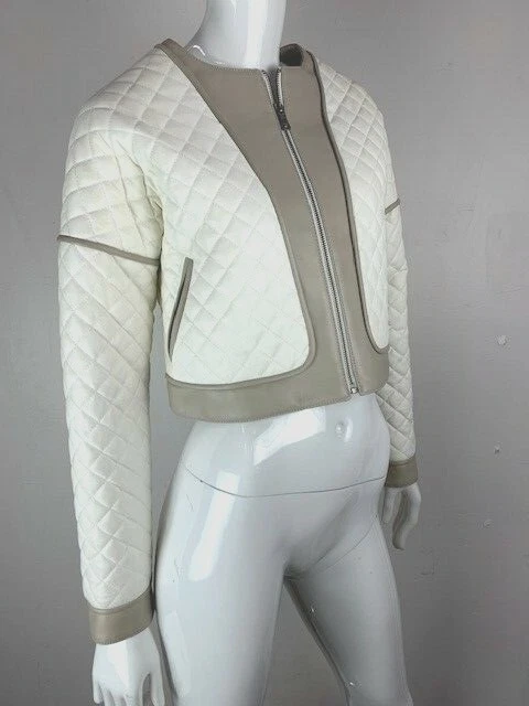  BCBG MAXAZRIA Women's Ivory & Taupe Quilted Cropped Faux Leather Jacket - Image 3 of 4
