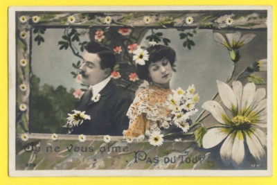 Old postcard written in 1908 by DEZIZE I do not love you at all DAISIES STRIPPING