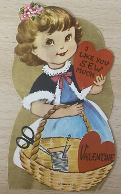 Vintage Valentine- Girl w/ Basket, Scissors, Thread, Needle- I like you SEW much