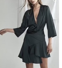 Acler Swindon Satin Green Wrap Draped Dress Size 2 3/4 Sleeve Cocktail Holiday