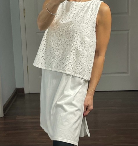 J Jill Sz L White Eyelet Lace Layered Long Tee T-Shirt Tank Top Womens NEW NWT