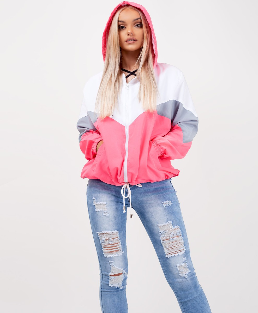 Womens Ladies Colour Block Windbreaker Contrast Festival Hooded Jacket Rain  Coat | eBay