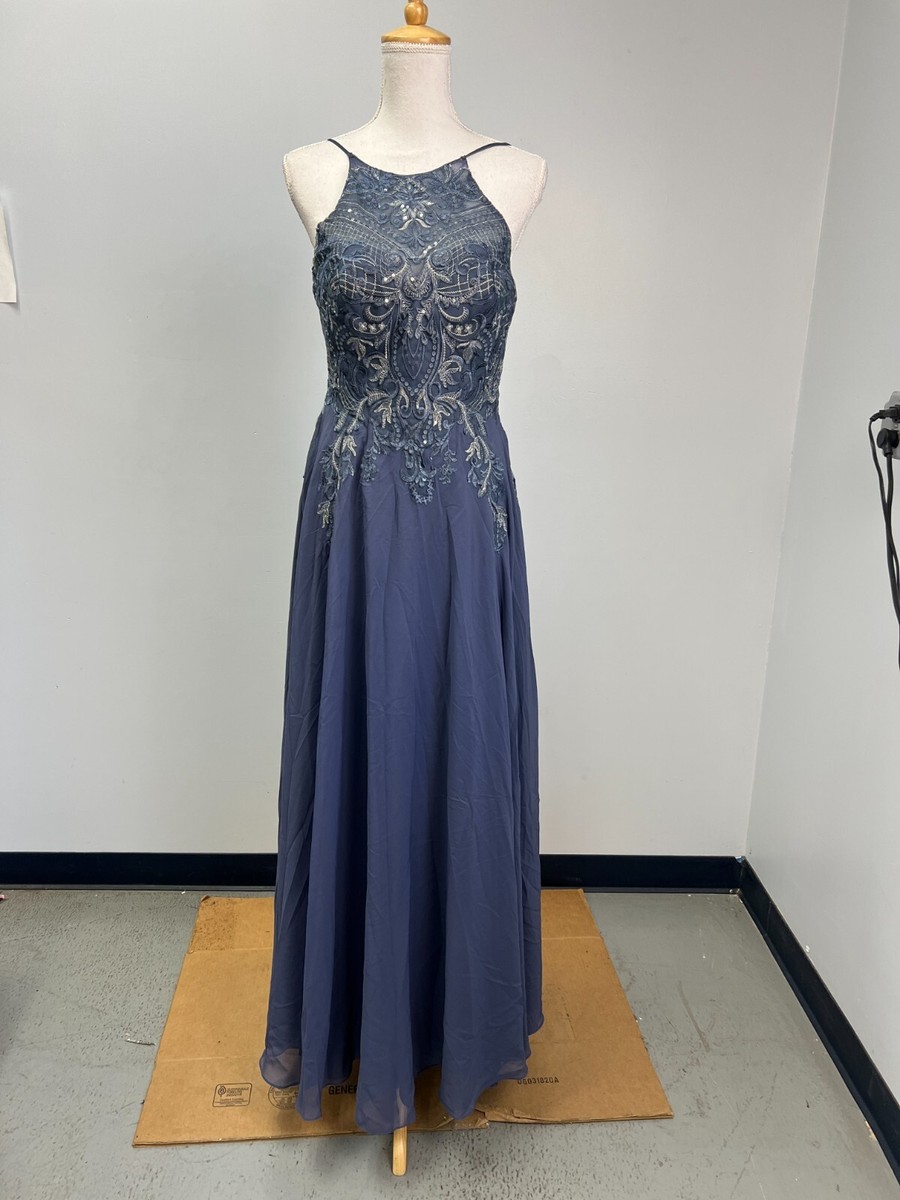 JJ's House Blue A-Line Lace Sequin Chiffon Long Evening Dress Sz