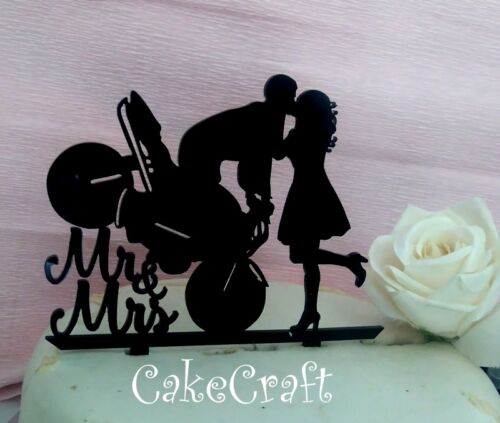 Black  Acrylic  Motorbike Mr & Mrs Wedding, anniversary cake toppers decorations - Picture 1 of 1