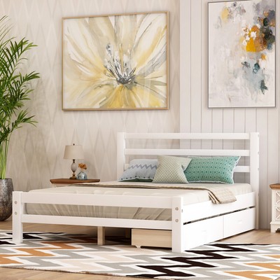 Wood Platform Bed with Two Drawers Full Size Bed Frame With Headboard White
