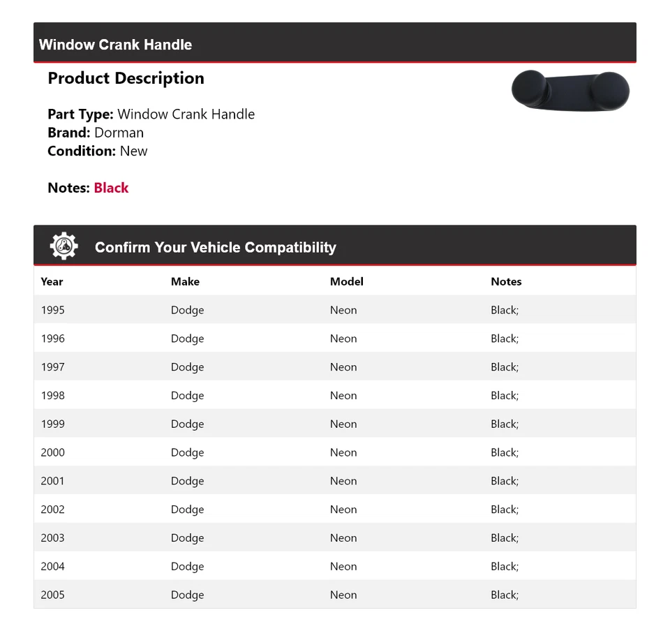 Manivela de janela Dodge Neon Dorman 1995-2005 1996 1997 1998 1999 2000 - Imagem 2 de 4