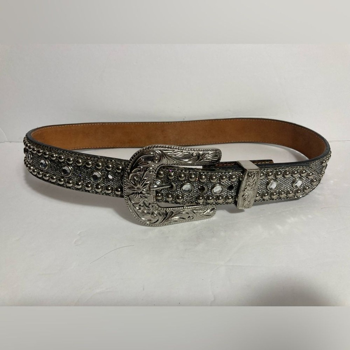 3D silver studded genuine leather belt Size 28 3D silver studded genuine leather belt Size 28 | eBay main image 3