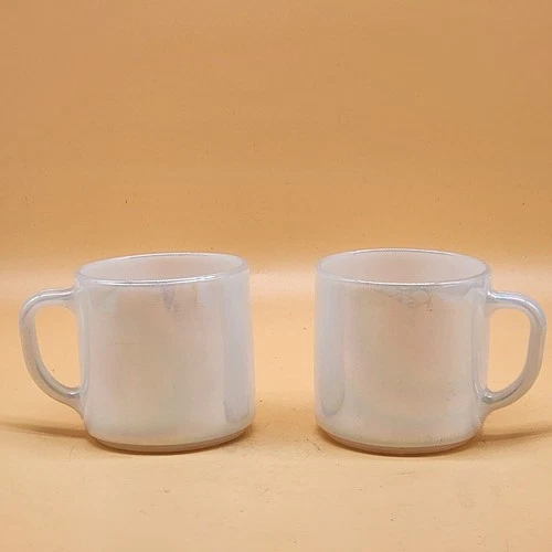 Vintage Fire King White Iridescent Coffee Mugs Set of 2 Anchor Hocking USA 3in