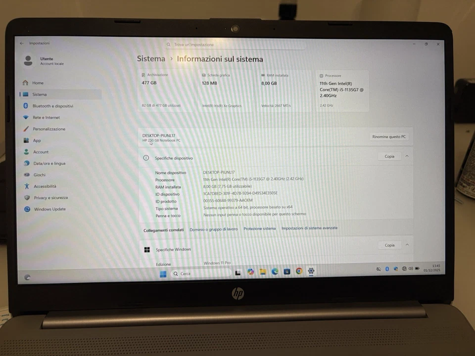 HP 250 G8 15,6" (i5-1135 G7, 8GB RAM, 500 SSD) Notebook - Argento - Immagine 2 di 3