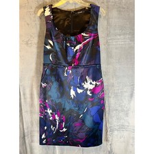 Tahari Art Abstract Floral Print Sleeveless Sheath Dress - Size 8 Blue Fitted