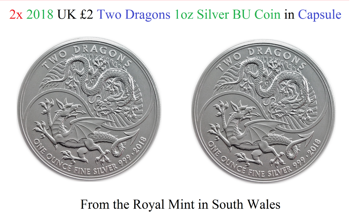 2x 2018 UK £2 Two Dragons 1 oz Silver BU Coin Capsule South Wales