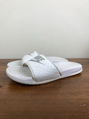 Nike Benassi Just Do It White Metallic Silver Slides 343881-102 Women s Size 7