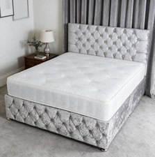 King Size Wooden Divan Bed Frame 2 Drawers Upholstered Fabric Tufted Headboard