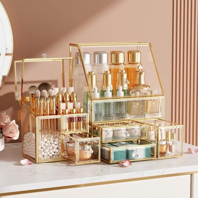 Clear Makeup Organizer W/ Gold Frame   Countertop Vanity Organizer Skincare