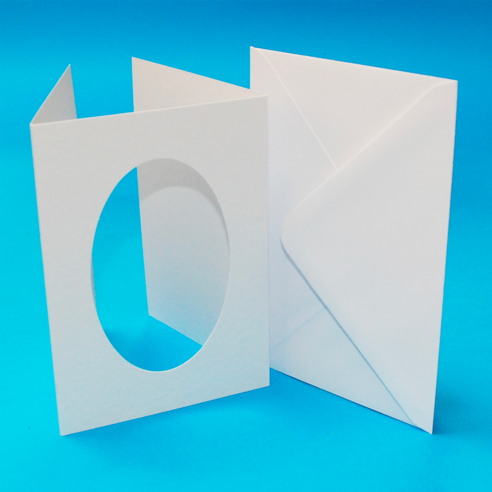 10 White Tri-Fold Oval Aperture Blank Cards & Envelopes A6 Hammered 300gsm Craft