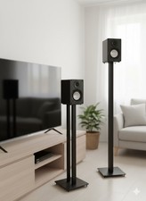 Pair of Adjustable Height Speaker Stands - Heavy Duty Steel Floor Mounts, Black