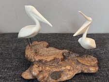 Vintage John Perry Sculpture Two Pelicans on Burlwood Base Excellent!