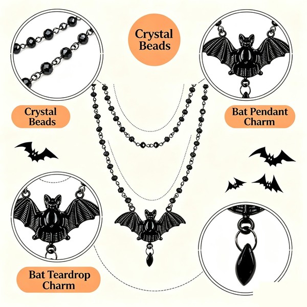 Halloween Kette Gothic Fledermaus Halskette Schwarz Kristall Rosenkranz Schmuck-image