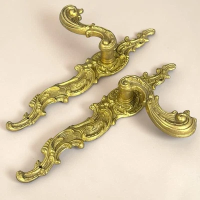 Paire Poignées Porte Anciennes style Louis XV Rocaille Laiton Baroque Décor - Photo 1/4
