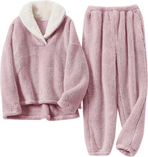 Fluffy Pajamas for Women Set Soft Comfy Fleece Pjs Pullover Pants Loose Plush 2