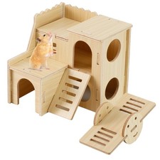 Wooden Hamster Hideout Cage Accessories, Guinea Pig House and Seesaw