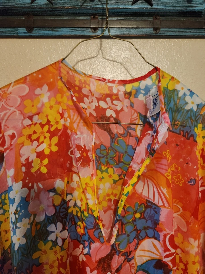 Vintage 60s Mod Bright Floral Print Kaftan Mumu Hippie Dress By Leo Naroucci HTF - Image 3 of 4