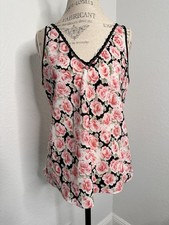 Oscar de la Renta Pink Label Size M Camisole Pink Roses Back Trim V neck Satin
