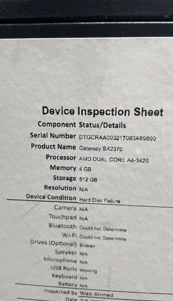 PC de escritorio Gateway SX2370 AMD doble núcleo A4-3420 4 GB unidad de sistema RAM Foto 4 de 4