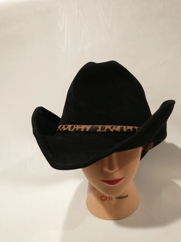 Chapéu Eric Javits New York Feminino-L ou Masculino-M Preto de Lã Cowboy Faixa de Leopardo - Imagem 3 de 4